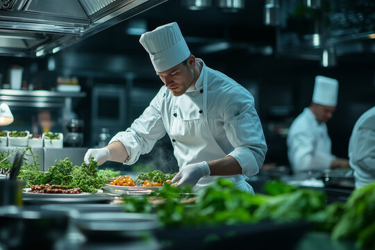 Dynamic chefs preparing vibrant dishes in a chic modern kitchen at night