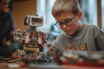 A curious child in glasses interacts with a friendly robot in a tech workshop