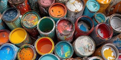 Colorful paint cans arranged in a chaotic, artistic display emphasizing creativity and art Features various vibrant colors with splashes, showcasing the process of artistic expression