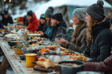 A joyful winter gathering savoring local cuisine in a cozy outdoor setting
