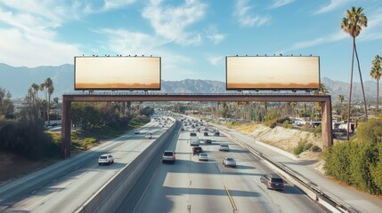 scenic highway view featuring two empty billboards on an overpass surrounded by palm trees and mountains under a blue sky.