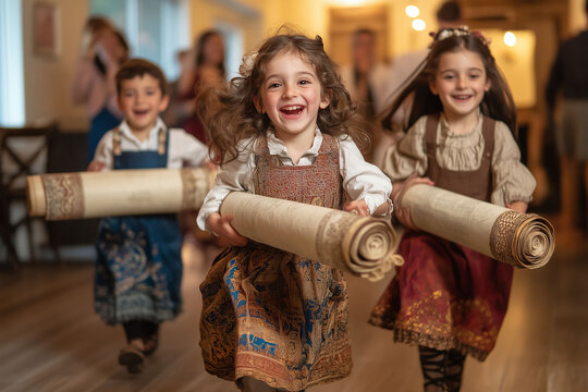 Families joyfully celebrating Simchat Torah with dancing and Torah scrolls