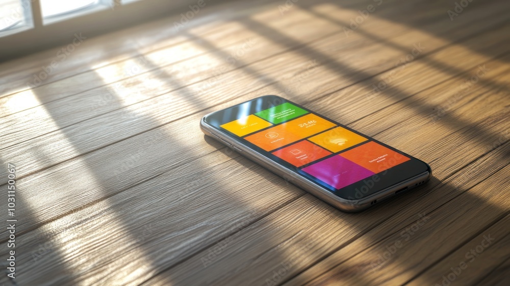Poster a smartphone with a colorful app interface lies on a wooden table with sunlight streaming through a 