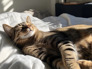 A content tabby cat enjoys the warmth of sunlight as it sprawls on a soft bed, showing pure bliss in a peaceful morning setting.