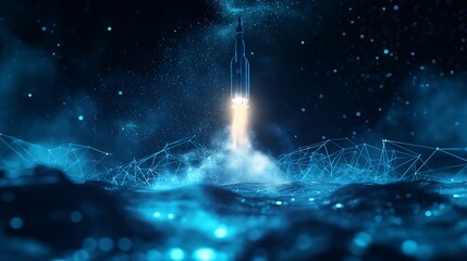 Digital illustration of a rocket launching with glowing blue lines and abstract connections