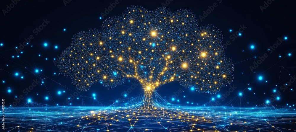 Poster glowing tree of knowledge with network connections, big data and digital technology concept.