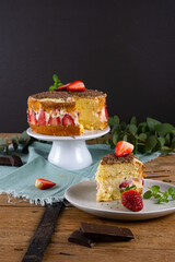 Strawberry Cake in Rustic Style. Vertical photo