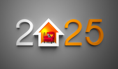 Creative 2025 New Year design template with a cozy house with an abstract interior in warm colors.