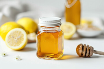 Jar of honey and lemons on white background. Banner template for honey holidays, cold and flu treatment with home remedies, natural vitamins eco and bio product copyspace
