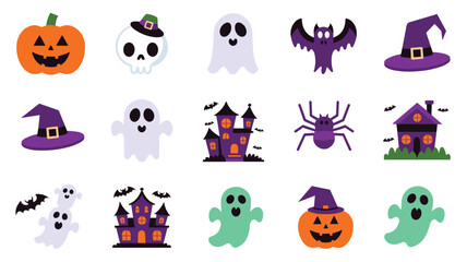 Colorful Halloween icons featuring pumpkins, ghosts, bats, witches' hats, and haunted houses create a spooky and festive atmosphere.