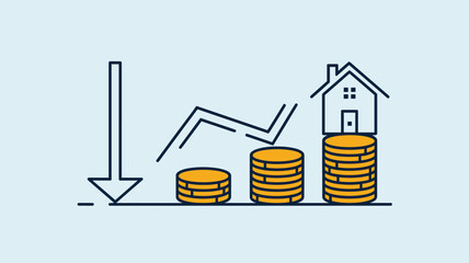 Illustration depicting a concept of a declining arrow with growing coin stacks and a house, symbolizing real estate market changes.