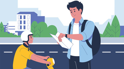 Young male traveler with backpack checks map while interacting with a scooter rider in an urban setting.