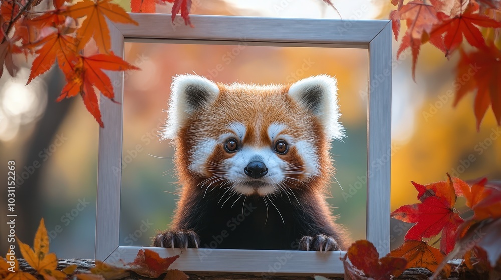 Aufkleber soft glow in red panda's den: close-up of empty white picture frame in cozy setting
