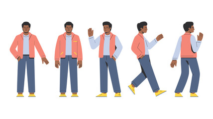 Fototapeta premium Illustration of a young Black man in various casual poses, wearing a pink jacket and jeans, set against a white background.