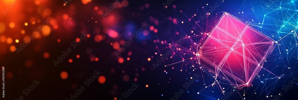 Poster abstract 3d rendering of geometric shape with connecting lines on a colorful bokeh background