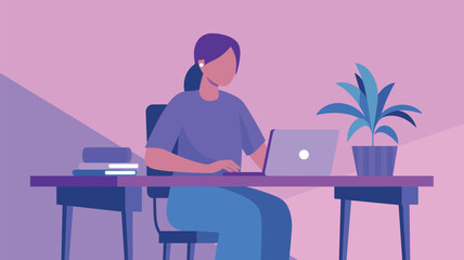 A woman working on a laptop at a desk in a minimalist home office with pastel colors and a potted plant nearby.