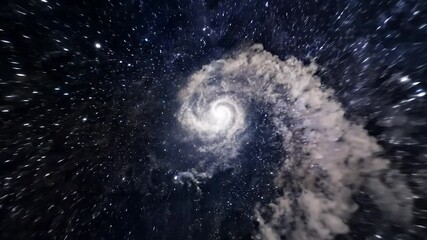 First-person view of space travel to swirling glowing galaxy