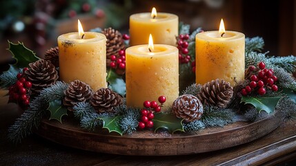 Advent wreath with four glowing candles on a rustic wooden table, surrounded by pine cones, holly leaves, and red berries