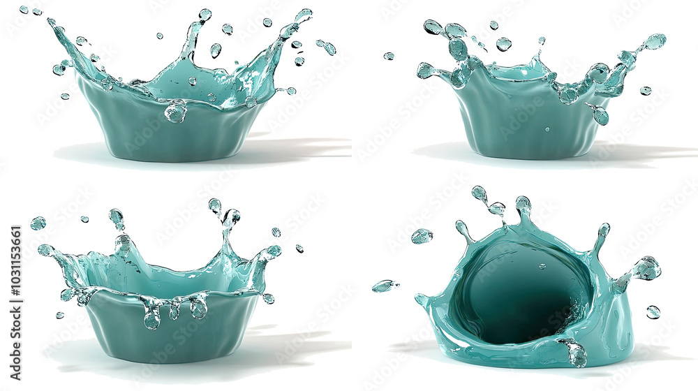 Poster glistening water splashes captured in a collection of dynamic arcs generative ai