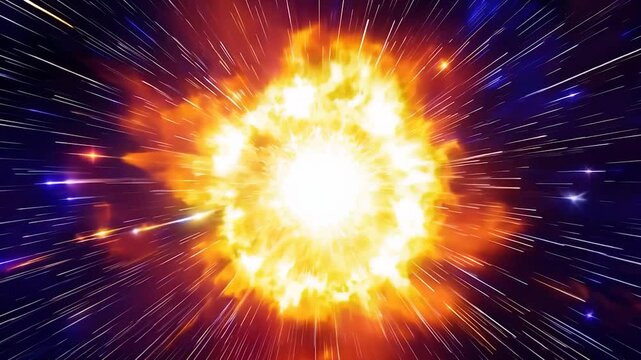 Hyperspeed flight toward exploding star in cartoonish space