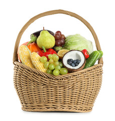 Different fresh vegetables and fruits in wicker basket isolated on white