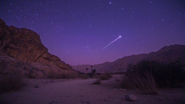 A lone shooting star streaks across a clear desert night sky with mountains in the distance.