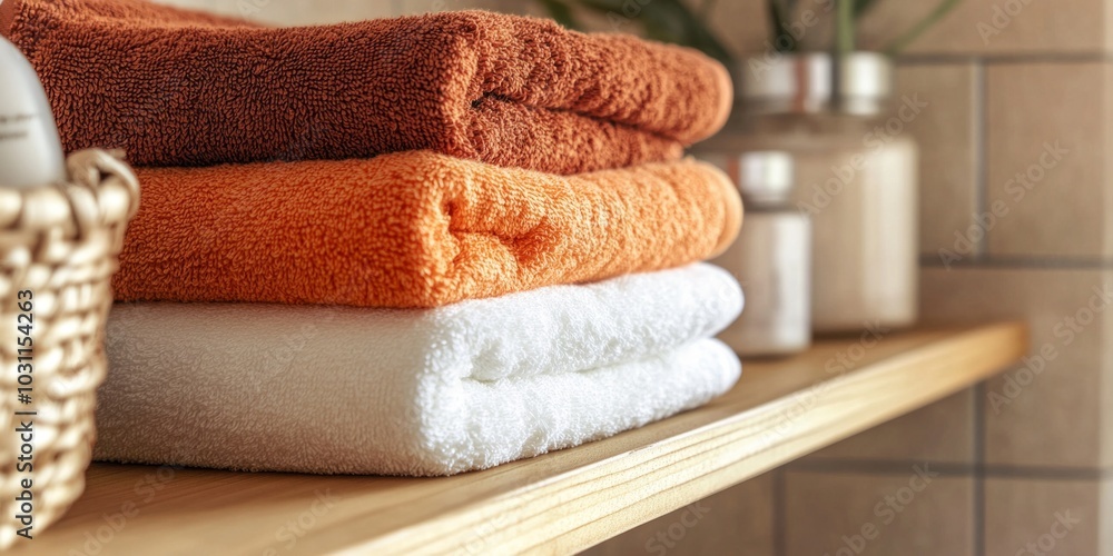 Poster a cozy collection of neatly stacked towels adds warmth to the bathroom. soft textures in calming col