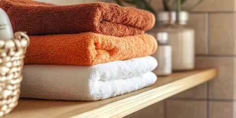 A cozy collection of neatly stacked towels adds warmth to the bathroom. Soft textures in calming colors create a serene atmosphere. Perfect for home decor and relaxation. AI