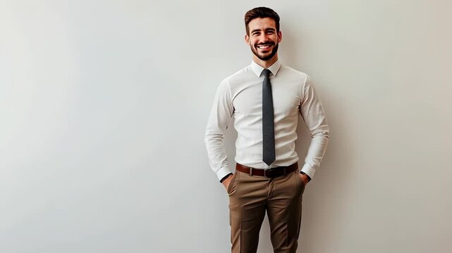 A man in a white shirt and brown pants stands in front of a white wall, smiling with his hands in his pockets