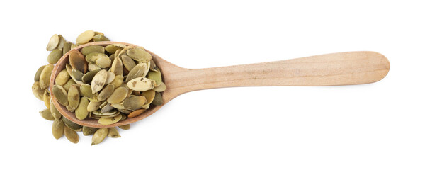 Peeled pumpkin seeds in wooden spoon isolated on white, top view