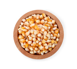 Fresh corn kernels in wooden bowl isolated on white, top view