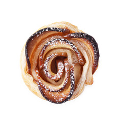 Freshly baked apple rose isolated on white, top view. Puff pastry