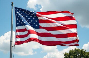 Obraz premium American flag waving against a backdrop of blue skies and clouds during the day