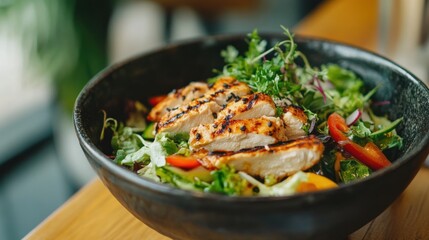 A bowl of salad with grilled chicken, tomatoes, and greens on a wooden table.