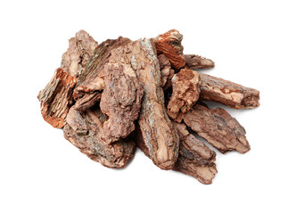 Pieces of tree bark on white background