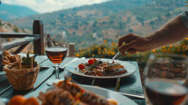 Foodie travelling. Gastronomic gourmet journey and trying new exotic dishes and cuisine products during the trip at restaurant