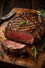 A perfectly grilled steak garnished with fresh herbs on a wooden board. The rich color and glistening surface highlight its mouthwatering appeal, ideal for food lovers