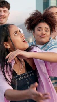 Street, dance and face of people in city for creative performance, rhythm or hip hop routine. Happy, friend group and freedom with choreography in urban town for talent, groove or flash mob together