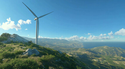 Wind turbine on a hillside captured during a clear day