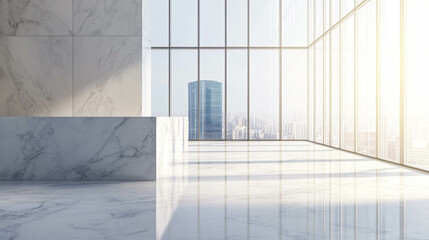 Obraz premium An empty room with a large white marble counter in next to a bright window