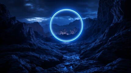 Fototapeta premium A Glowing Pink/Purple Circle Is In The Middle Of A Rocky With Smoke Landscape