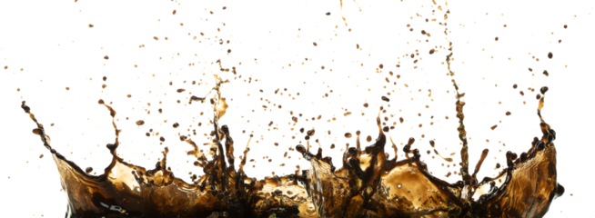 Black Coffee, tea, espresso, cola pouring and splash as crown water. Coffee, tea, espresso, cola explode bubble splash in mid air. White background isolated photo with gold glitter