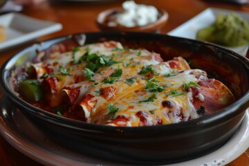 Enchiladas: A dish of enchiladas covered in red sauce and melted cheese