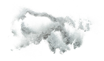 Silver metallic glitter sparkle explosion in air. Silver Glitter sand spark blink celebrate Chinese new year, fly throw silver glitters particle. White background isolated, selective focus Blur bokeh