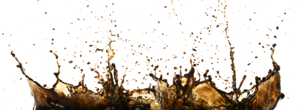 Black Coffee, tea, espresso, cola pouring and splash as crown water. Coffee, tea, espresso, cola explode bubble splash in mid air. White background isolated photo with gold glitter