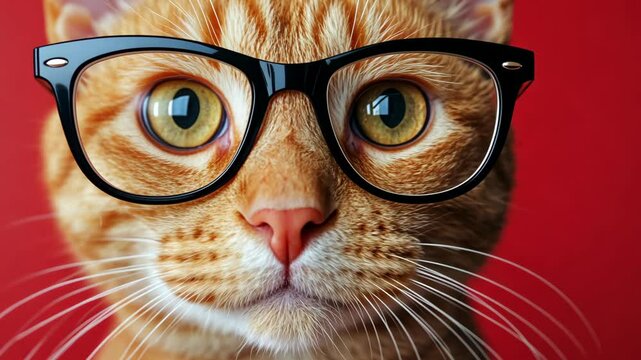 A ginger cat wearing glasses looks directly at the camera with a serious expression