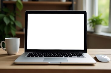 Fototapeta premium A modern laptop with a blank screen sits on a wooden desk next to a coffee mug and a computer mouse in a well-lit workspace