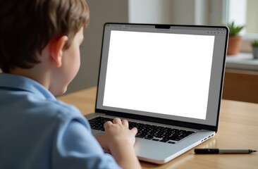 A young child engaged in online learning from home, focused on a laptop screen in a cozy room during the daytime