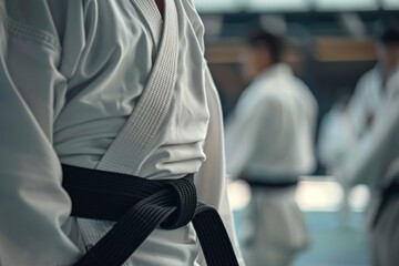 Students in black belts bowing to their instructor during aikido practice, focusing on discipline and self-defense through a combat demonstration and training readiness