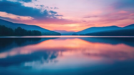 Fototapeta premium A serene landscape with a calm lake reflecting the vibrant hues of a sunset sky. The mountains in the distance are silhouetted against the fiery sky, creating a picturesque scene.